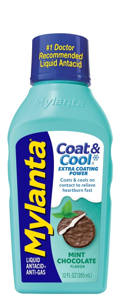 Mylanta Heartburn and Gas Relief, Flüssige Antacid, Mantel & Coole Formel, Mint Schokolade Geschmack, 12 Fl Oz