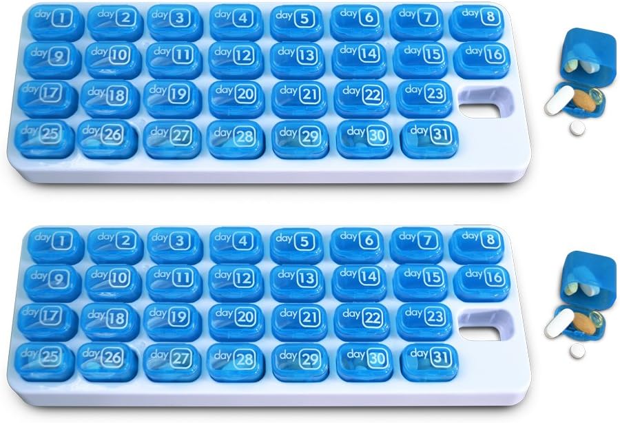 31 Tage Monatliche Pille Organizer mit Pop Out Pocket Pillen Pods und Speicher Tray für Vitamine, Ergänzungen, Zuhause, Arbeit oder Reisen - 2 Pack Blau