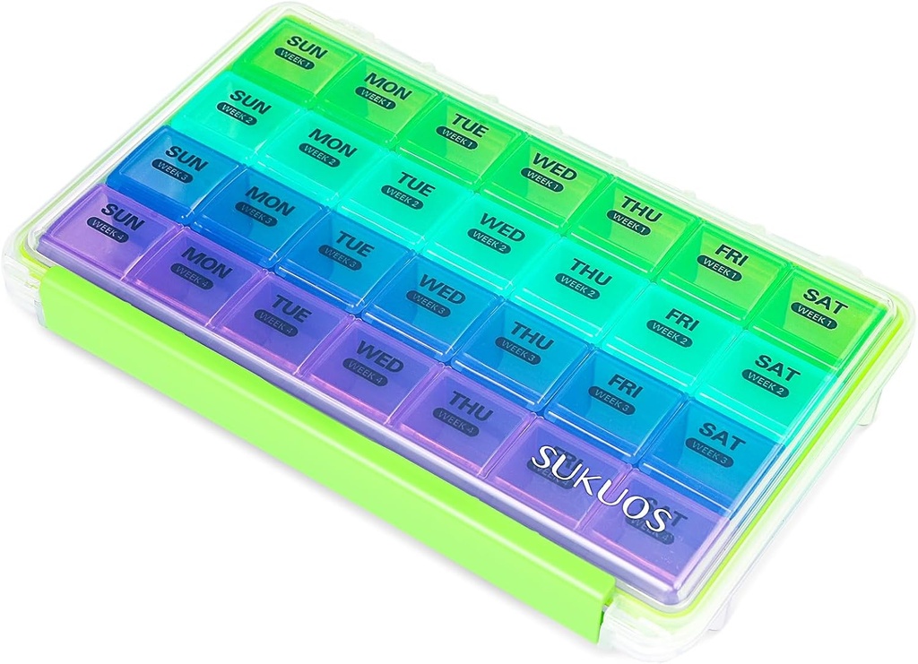 Sukuos Monatliche Pille Organizer 4 Woche, große Pillen Box Feuchtigkeit / Staub-Proof-Fälle für Month Vitamin/Fish Öl / Ergänzungen mit klaren Deckel, einfach zu öffnen & reinigen