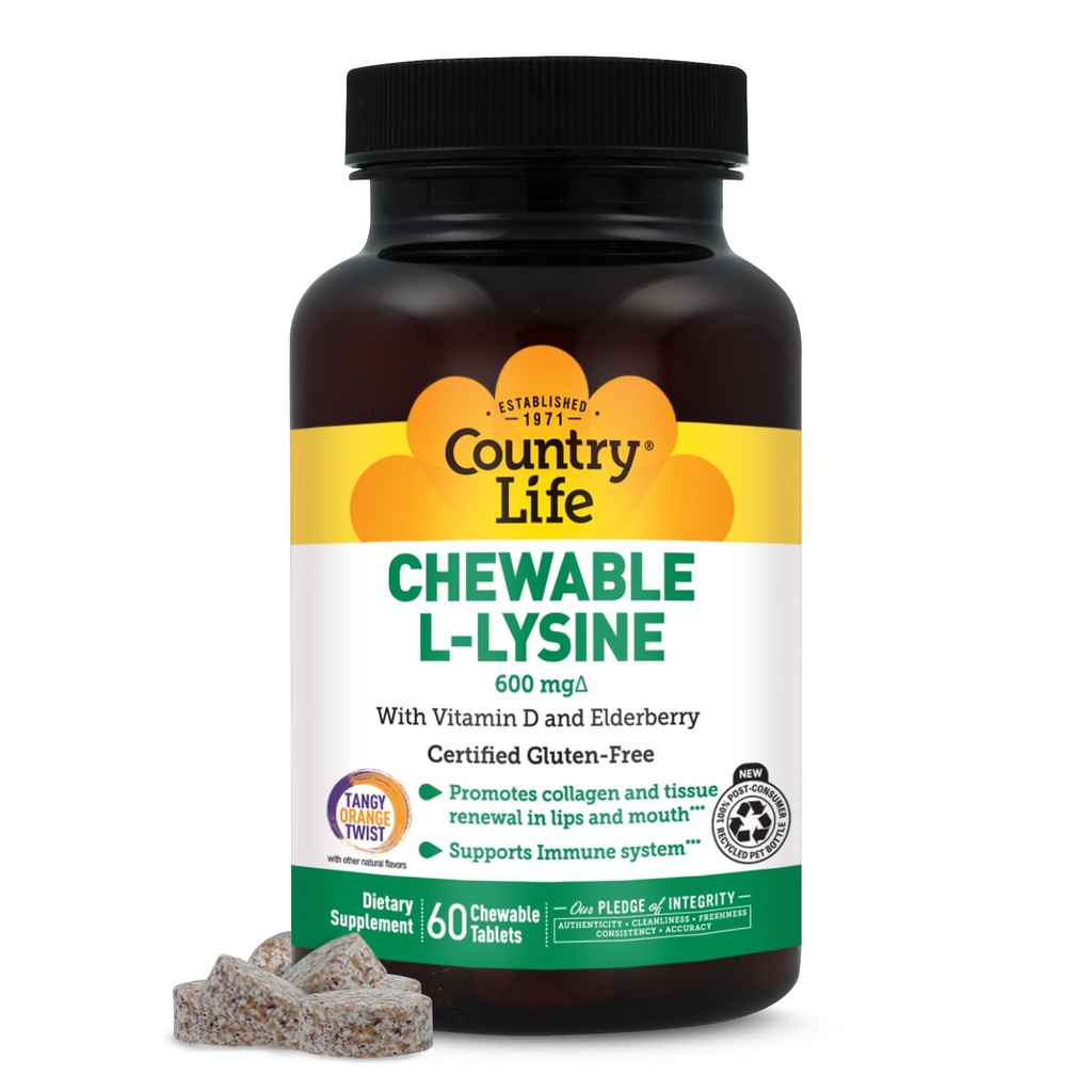 Country Life Kaubare L-Lysine Ergänzung mit Vitamin D und Elderberry, Immununterstützung und Collagen Erneuerung für Hautgewebe, Ideal für Erwachsene