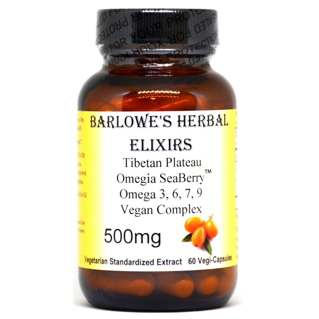 Barlowe's Kräuter Elixier Omegia SeaberryTM | Sea Buckthorn | Complete Omega 3, 6, 7, 9 Fettsäuren | 500mg pro Kapsel | 60 Veggie Kapseln | Glasflasche | Stearate Kostenlos