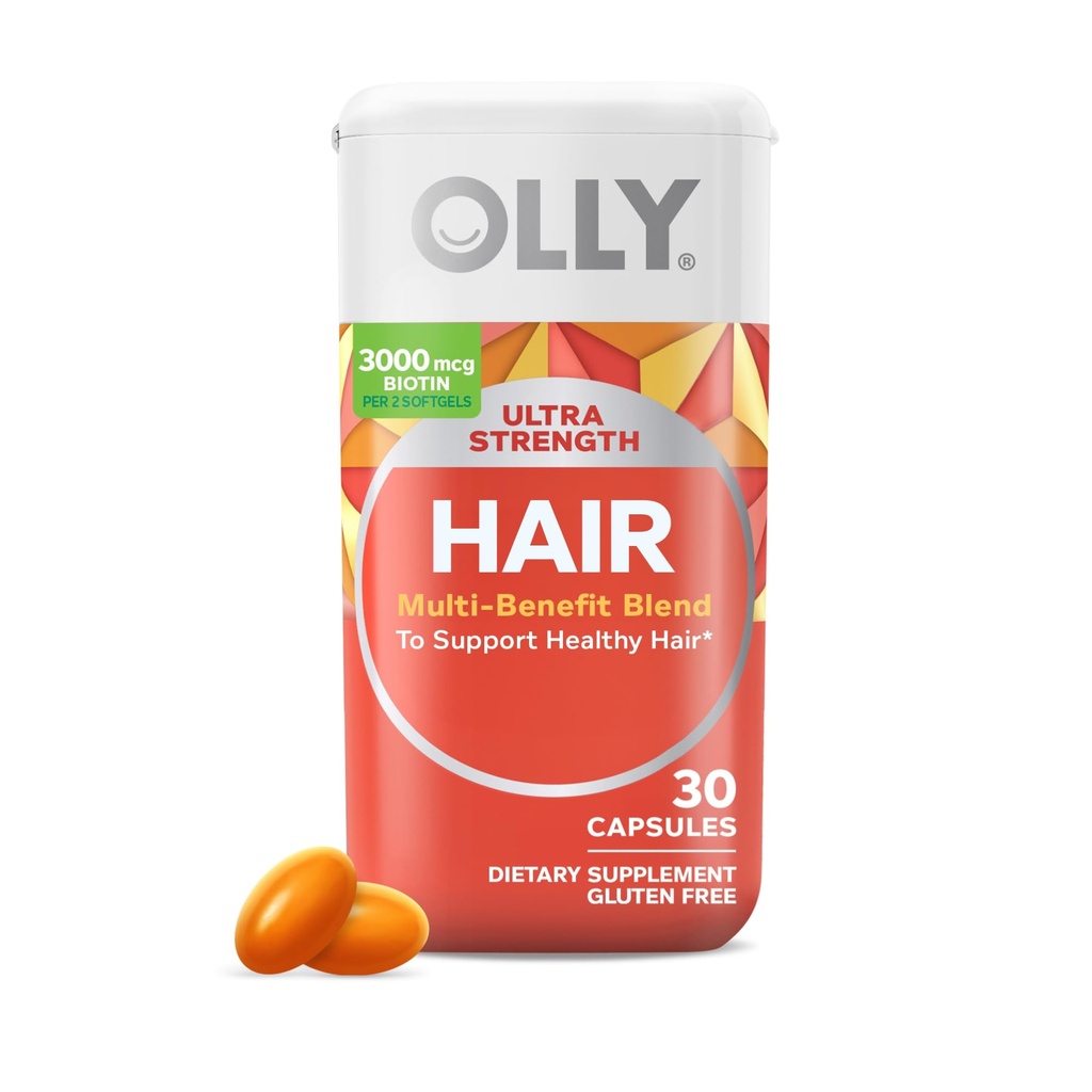 OLLY ultra-fort softgels cheveux, soutient la santé des cheveux, biotine, kératine, vitamine D, B12, complément de cheveux, 30 jours d'approvisionnement - 30 comte (emballage mai vary)