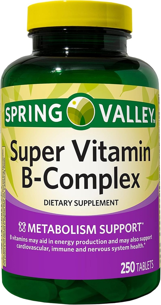 Augu Spring Valley Super Vitamin B-Komplex, Stoffwechselunterstützung, Tabletten Nahrungsergänzung, 250 Zähler