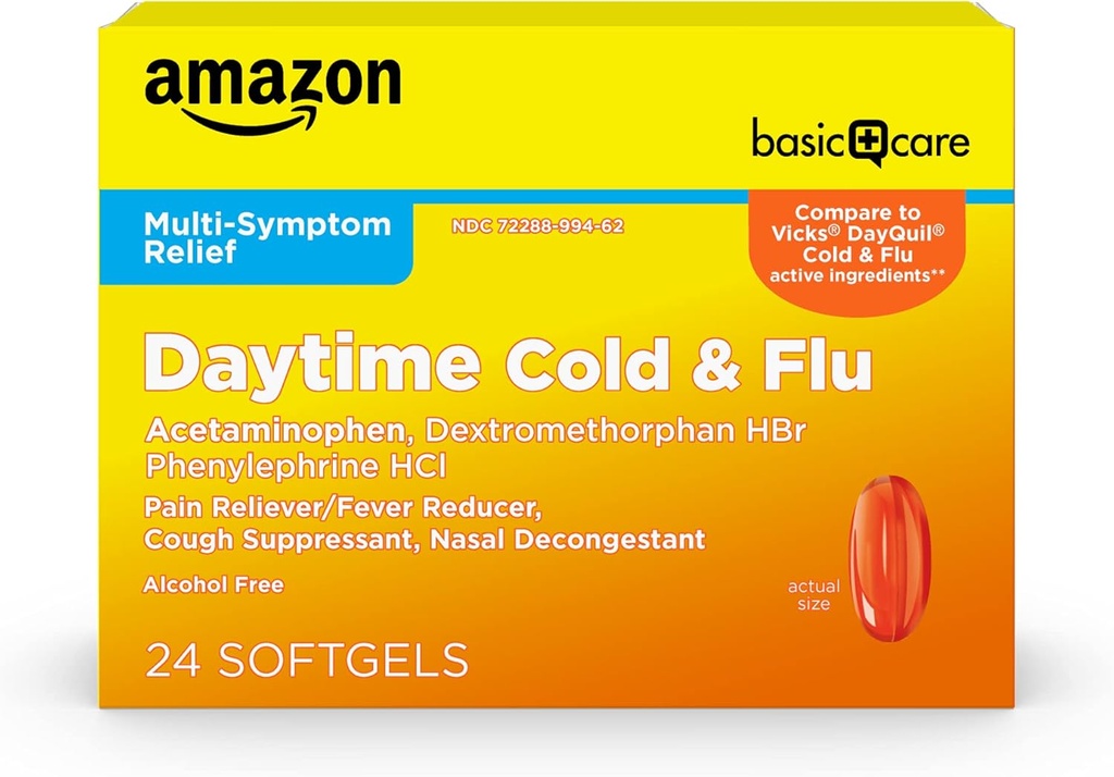 Basic Care Daytime Cold and Flu Relief Softgels, Nicht-Drowsy Cold Medicine, Relief of Pain, Fever, Cough, Sore Throat, Nasal Congestion, 24 Count