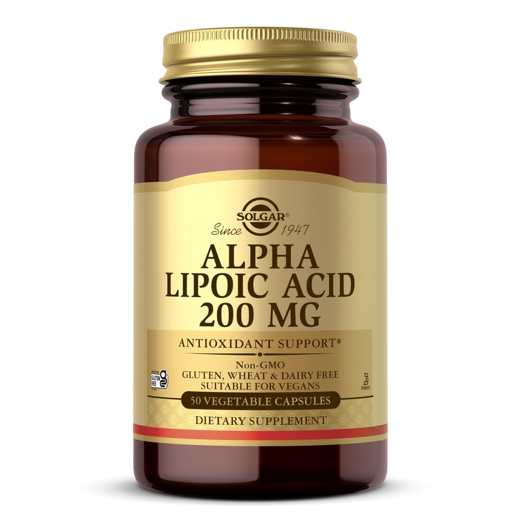 Solgar Alpha Lipoic Acid 200 mg, 50 Vegetable Capsules - Antioxidant Support - Helps to Recycle Glutathione, Vitamin C & E, CoQ-10 - Non-GMO, Vegan, Gluten Free, Dairy Free, Kosher - 50 Servings
