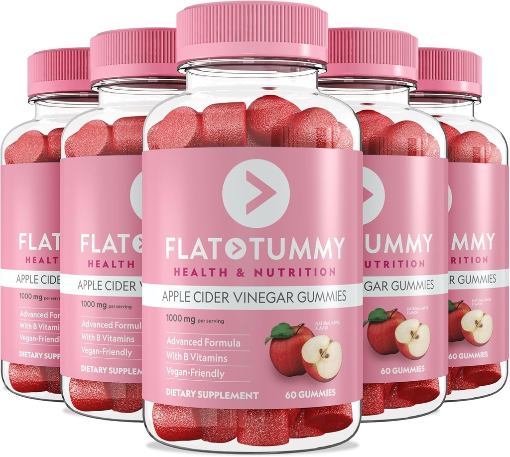 Flache Tummy Apfel Apfel Apfelessig-Gummien, 60 Count (5 Pack) – ACV-Gummien, Detox, Support Gut Health – Vegan-Friendly, Non-GMO - Rüben und Granatapfel Superfood-Pulver, Vitamine B6, B9 & B12