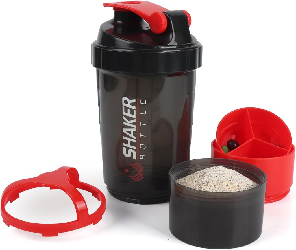 Bouteille de shaker, 16oz Bouteille de shaker protéinée avec boule de mélange, 3 en 1 coupe de shake GYM étanche avec stockage en poudre et bac à pilules, idéal pour l'entraînement, sans BPA (rouge)