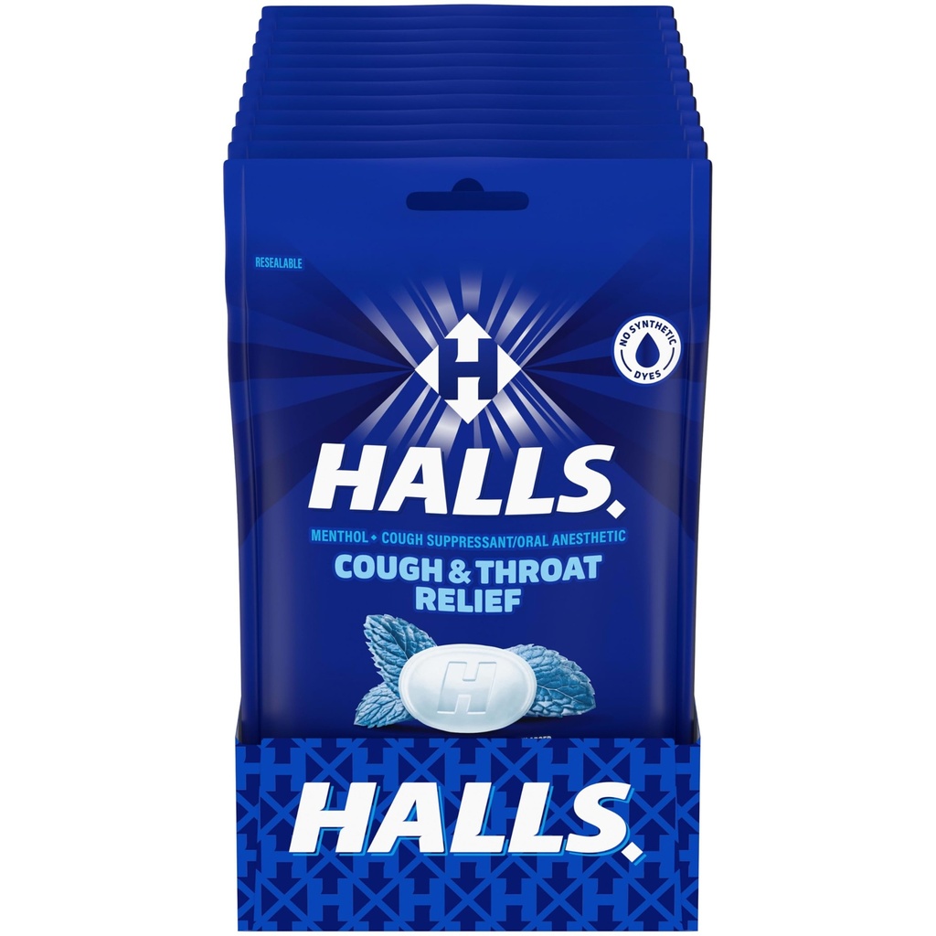 HALLS Cough und Throat Relief Mentho-Lyptus Cough Drops, 12 Taschen von 30 (360 Total Drops)
