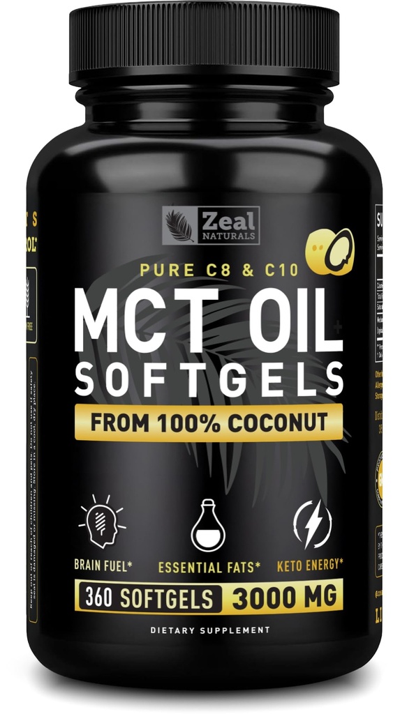 Reine MCT Ölkapseln (360 Softgels | 3000mg) 4 Monate Versorgung Keto Pillen mit unverarbeitetem Kokosnuss - C10 & C8 Brain Fuel, Energy, Octane Ketosis