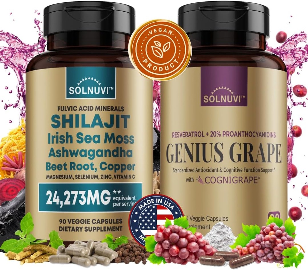 Groupe de bien-être cognitif - Résvératrol Complex & Shilajit Fulvic Acid Minerals - Sea Moss, Ashwagandha, Extrait de raisin rouge de cognigrape testé cliniquement - Non-OGM, Sans gluten, Supplément végétalien