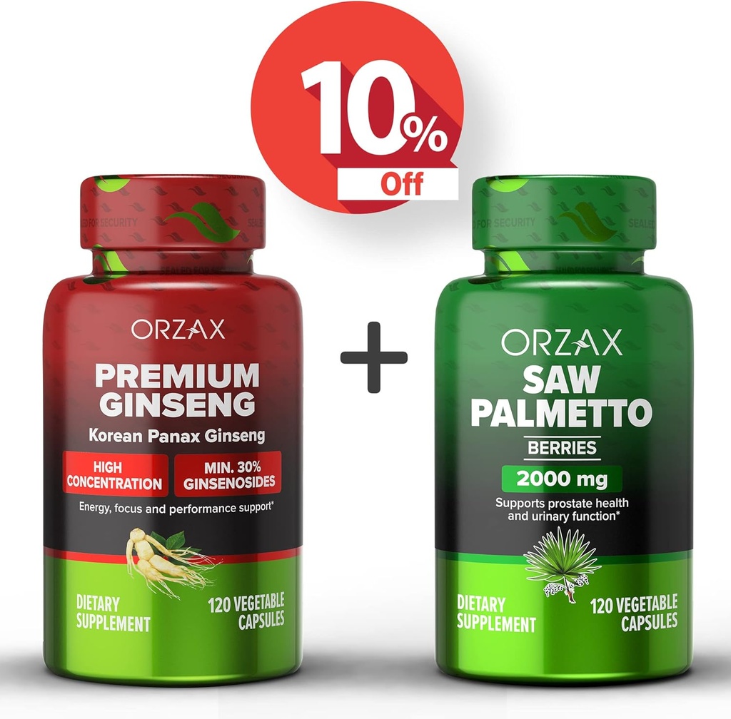 ORZAX Ginseng, 30 % Ginsénosides 120 Capsules végatables et Saw Palmetto 2000 mg 120 Capsules végétales, ensemble