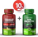 ORZAX Ginseng, 30 % Ginsénosides 120 Capsules végatables et Saw Palmetto 2000 mg 120 Capsules végétales, ensemble