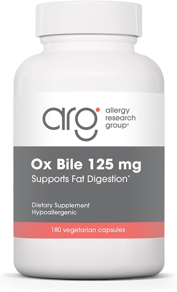 Allergy Research Group Ox Bile 125 mg - Ox Bile Ergänzungen für Gallenblase, Verdauungsenzyme für Leber, Fett Verdauungsunterstützung, für Männer und Frauen, Allergische Formel - 180 Vegicaps