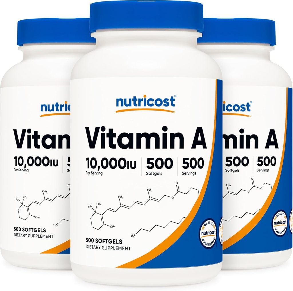 Nutricost Vitamine A 10 000 UI, 500 softgels (3 bouteilles)