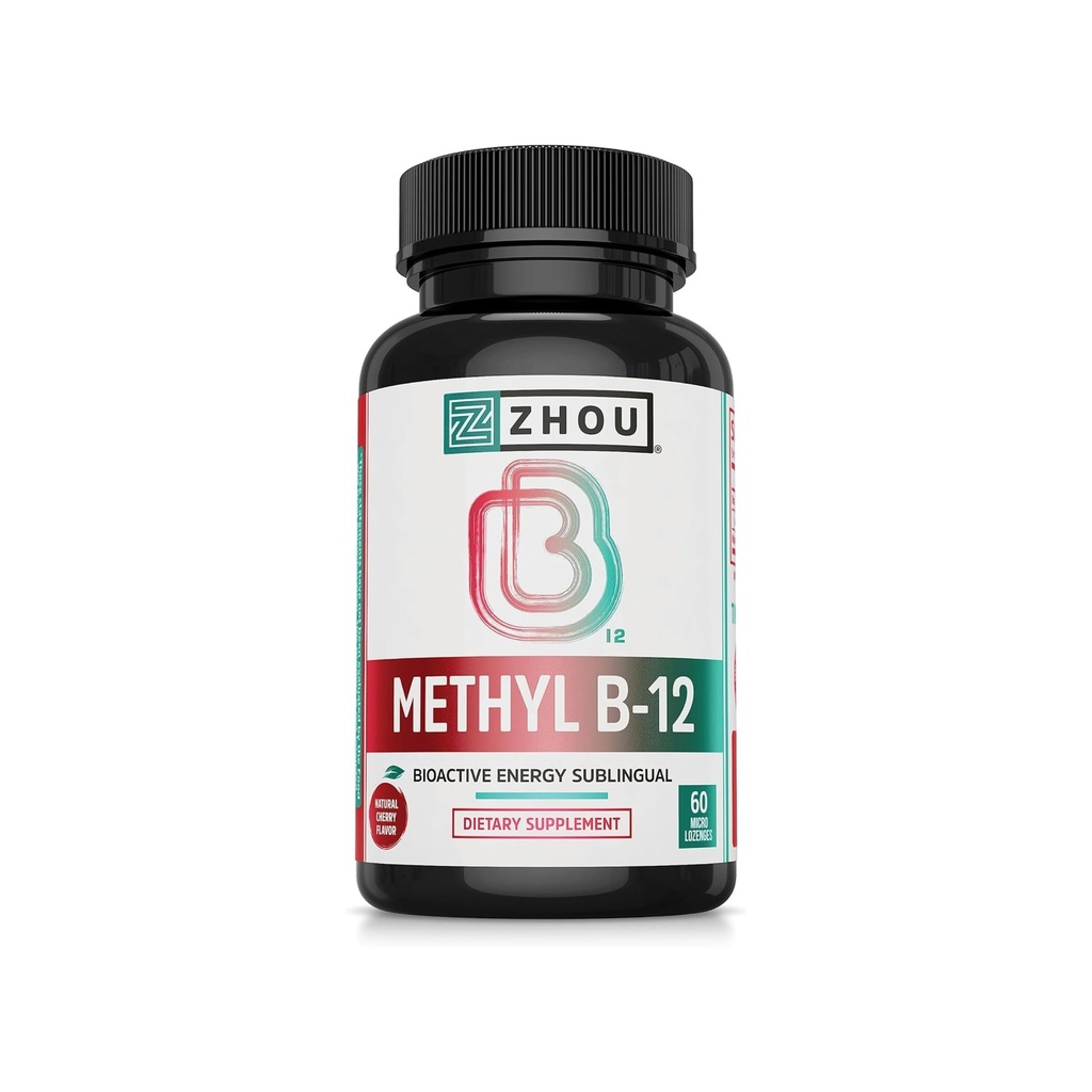 Zhou Methyl B12 - Methyl B-12 Beilage für Damen und Herren, Vitamin B12 5000 mcg, Vegan Friendly, Cellular Energy and Nerve Function Support, Methylcobalamin - 60 Micro Lozenges