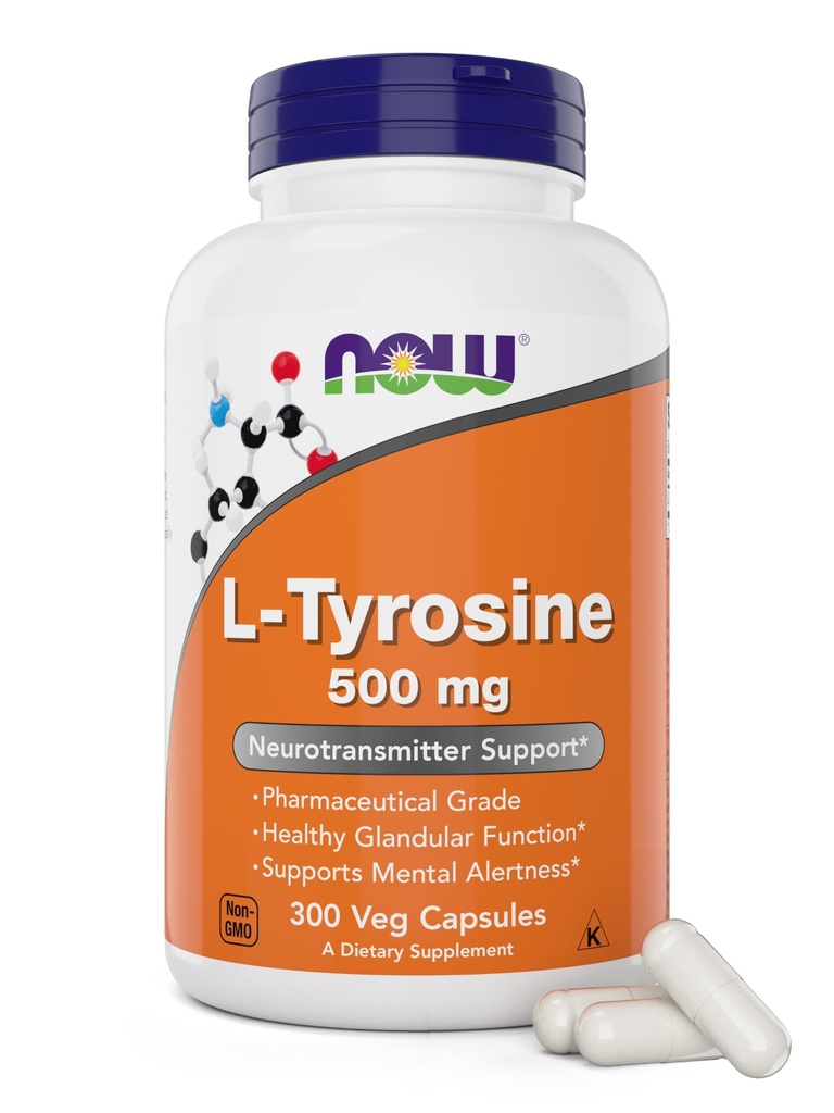 Maintenant Aliments L-Tyrosine 500mg, 300 Capsules - Non OGM - Soutient l'alerte mentale - 500 mg Caps - Supplément de forme libre