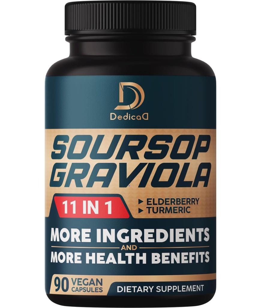 Soursop Graviola Kapseln - 3 Monate Versorgung - 9450mg pro Servieren - 11 Kräuter Elderberry, Kurkuma, Ginger Root, Milchdistel - Stimmung, Körper & Immununterstützung - 90 Vegan Kapseln