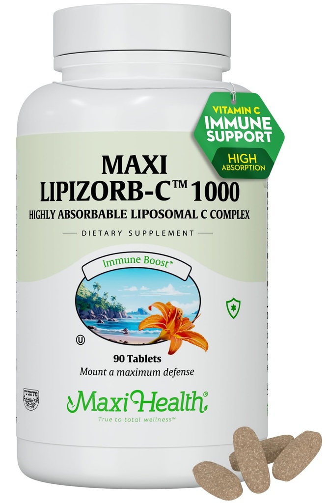 Maxi Health Liposomal Vitamin C 1000mg Tabletten mit Verdauungsmischung, hochabsorbierbares High Dose VitaminC, Non GMO Kosher Vegetarische Arzt-Formulierte Immununterstützungsergänzung (90 Count)
