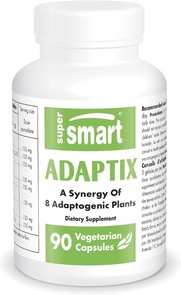 Supersmart Adaptix (Advanced Formula) - 8-in-1 Pflanzenextrakte - Adaptogen Kräuter mit Ashwagandha, Astragalus, Ginseng, Reishi | Non-GMO & Gluten Free - 90 Vegetarische Kapseln