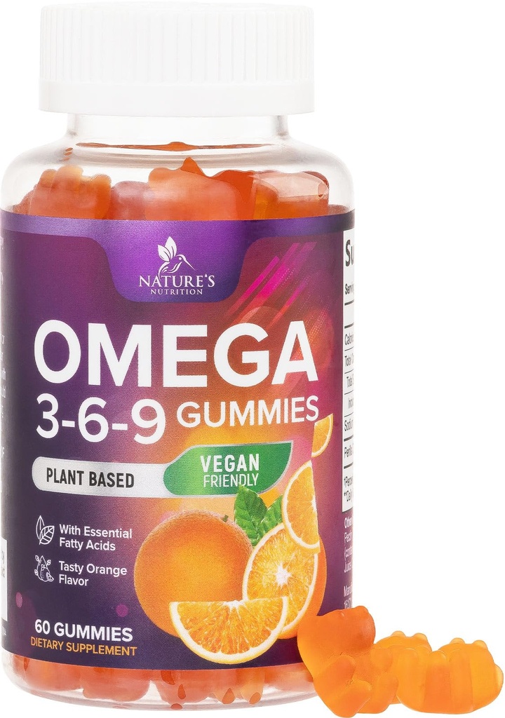 Omega 3 6 9 Gommies - Vegan Omega 3 Supplément Gommy - Huile essentielle d'acides gras 369 Soutien cardiaque complexe et soutien du cerveau pour les femmes, les hommes et la grossesse, sans poisson non-OGM, aromatisé orange - 60 Gommies