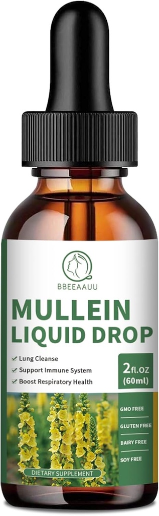 Mullein Tropfen für Lunge, Mullein Leaf Extract 1000MG für Atem-, Immun- und Verdauungsunterstützung, mit Quercetin, Marshmallow, Elderberry, Black Cumin Seed, Bromelain, Non-GMO, Vegan, 2 Fl Oz