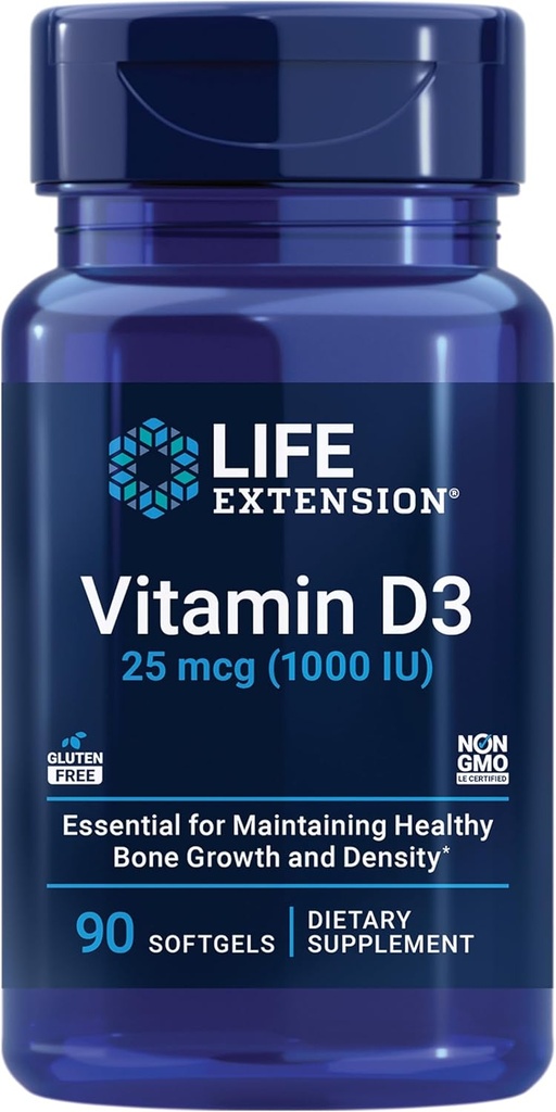 Lebensverlängerung Vitamin D3 25 mcg (1000 IU), Immunsystemunterstützung, Knochengesundheit, Ganzkörpergesundheit, Wertgröße, Glutenfrei, Nicht-GMO, 90 Softgele