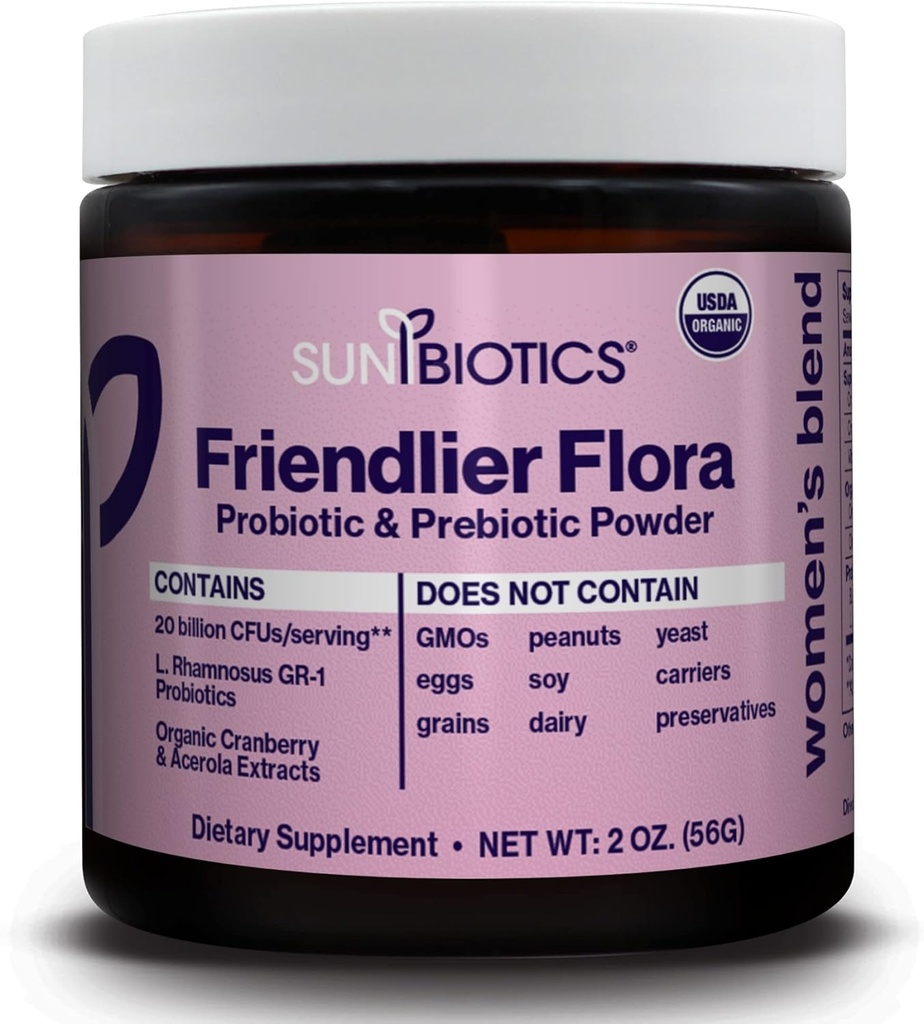 SUNBIOTICS Friendlier Flora - Women's Blend, 20 Billion CFUs of 6 Probiotic Strains, Women’s Daily Digestive Vaginal & Immune Health, Non-GMO and Gluten Free, 2 Ounce