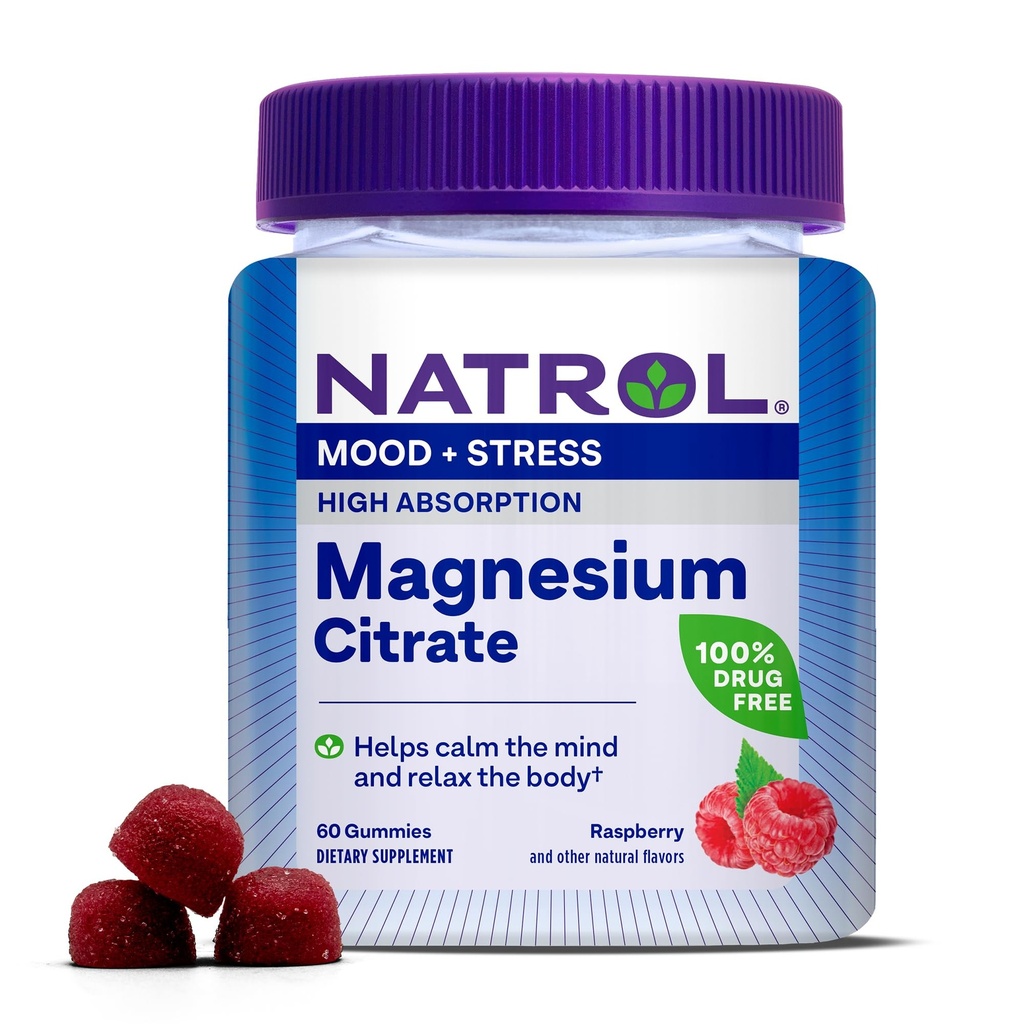 Natrol Magnesium Citrate, High Absorption Magnesium Supplement for Mood and Stress, Helps Calm The Mind and Relax The Body, 60 Raspberry-Flavored Gummies, Up to a 30 Day Supply