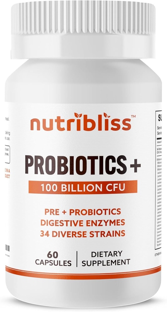 Probiotics for Women & Men Digestive Enzymes with Prebiotics 100 Billion CFU 34 Strains Supports Constipation, Diarrhea, Gas & Bloating (60 Capsules)
