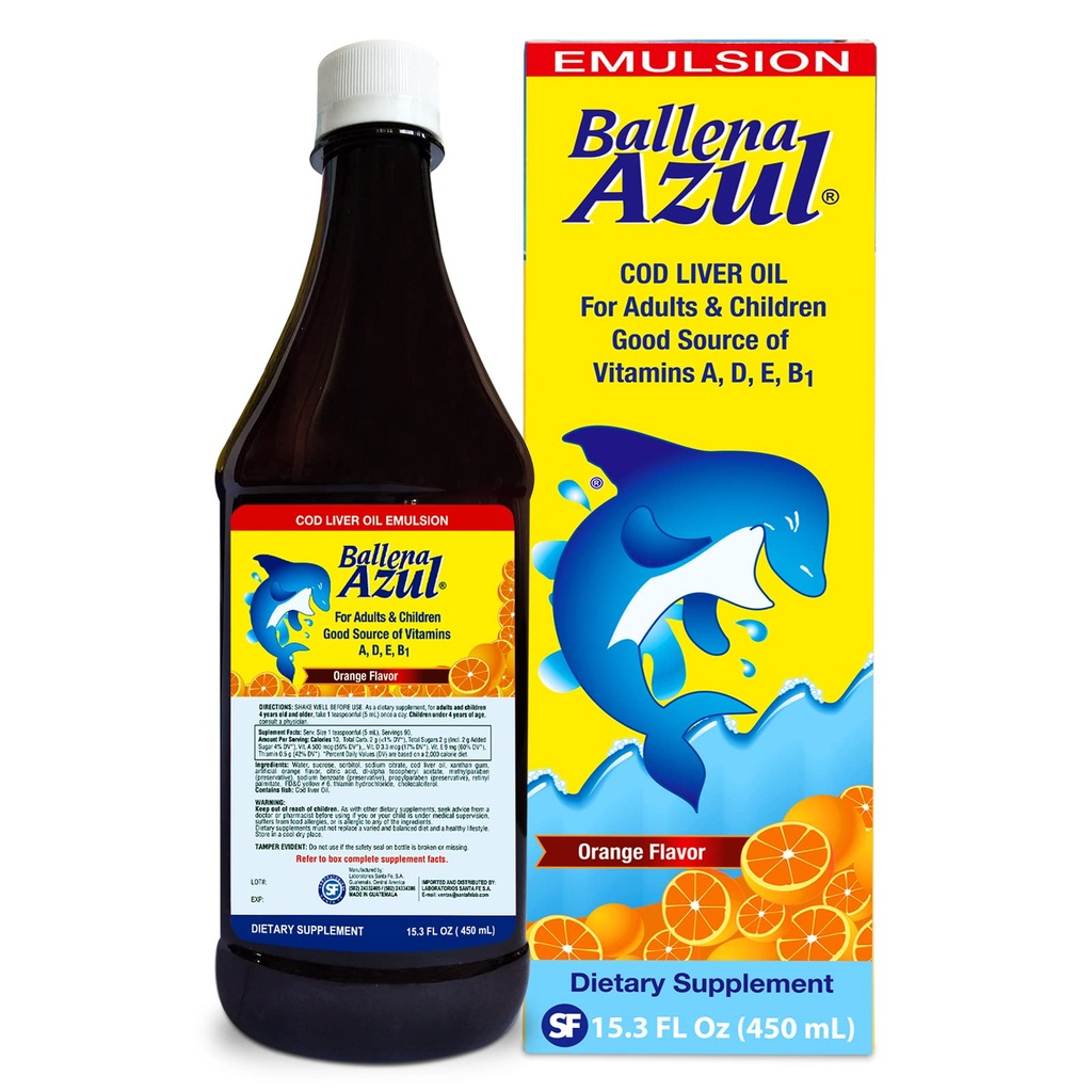 Ballena Azul Aceite de Hígado de Bacalao para Adultos y Niños, COD Liver Oil for Adults and Children, Good Source of Vitamins A,D,E, B1, Nahrungsergänzung, Omega 3, Inmune System Boost (ORANGE 15 OZ)