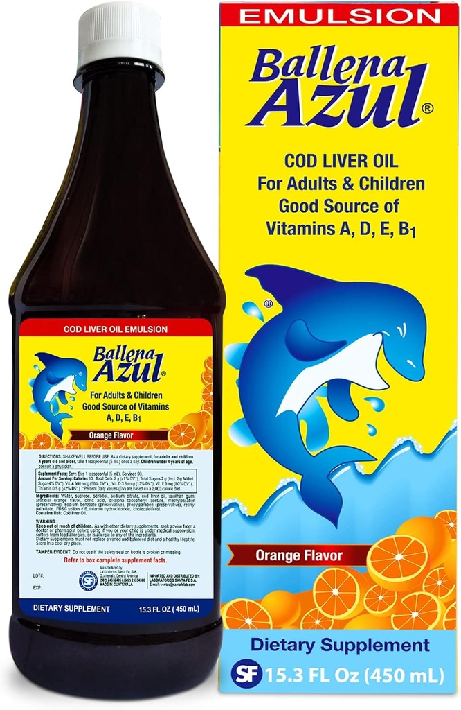 Ballena Azul Aceite de Hígado de Bacalao para Adultos y Niños, COD Liver Oil for Adults and Children, Good Source of Vitamins A,D,E, B1, Nahrungsergänzung, Omega 3, Inmune System Boost (ORANGE 15 OZ)