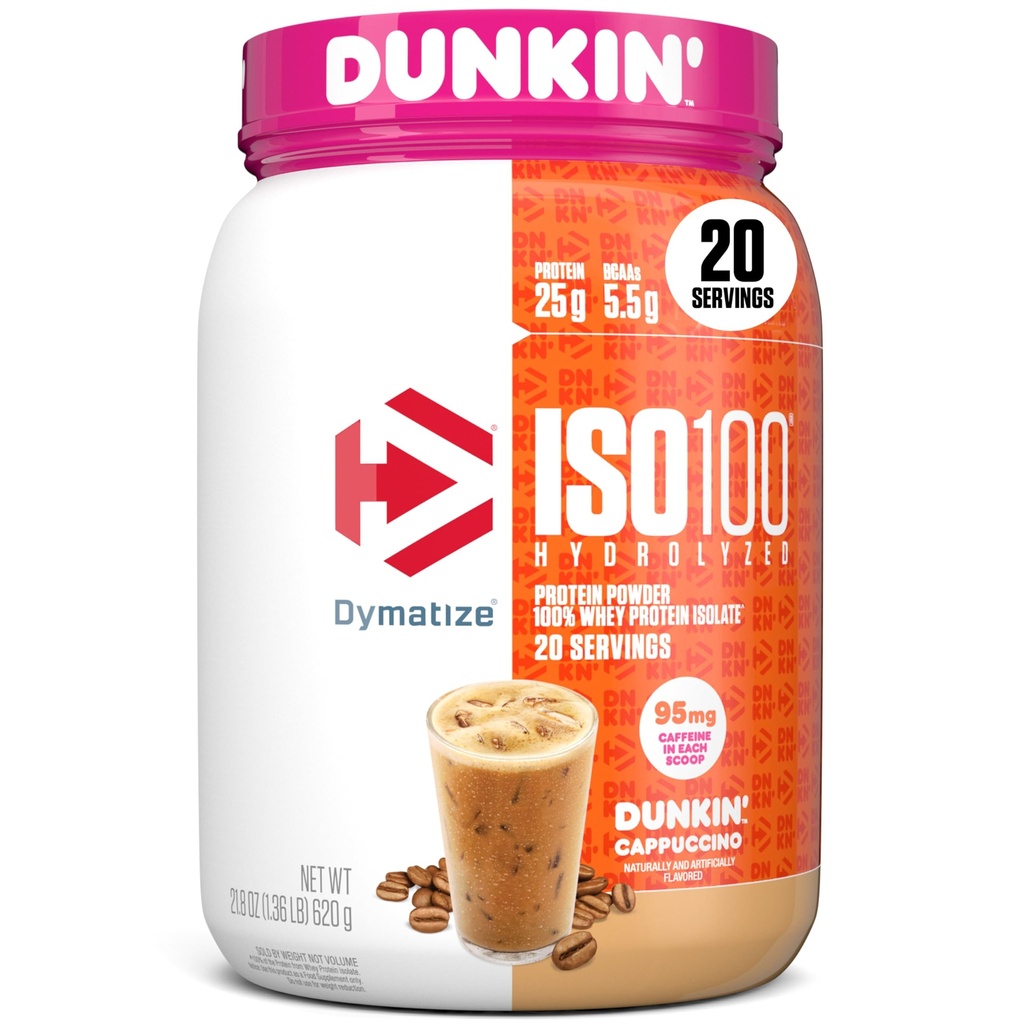 Dymatize x Dunkin' Cappuccino ISO100 Whey Protein Powder, 95mg Caffeine, 25g Protein5.5g BCAAs, 120 Cal., Glutenfrei, 1g Fett, 1g Zucker, 2g Carb (20 Servierungen)