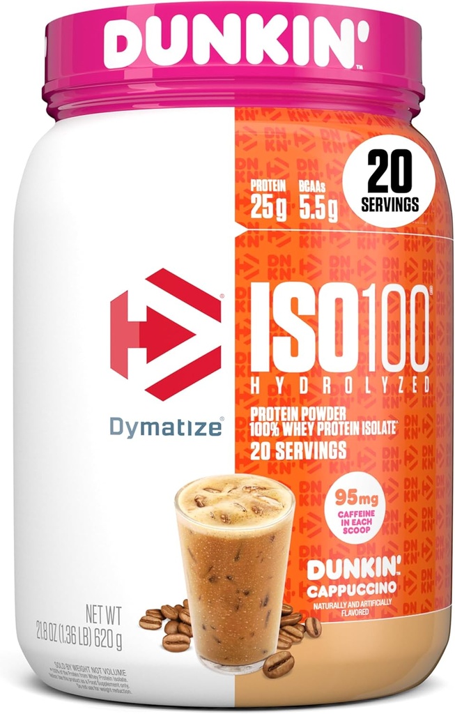 Dymatize x Dunkin' Cappuccino ISO100 Whey Protein Powder, 95mg Caffeine, 25g of Protein5.5g BCAAs, 120 Cal., Gluten Free, 1g Fat, 1g Sugar, 2g Carb (20 Servings)