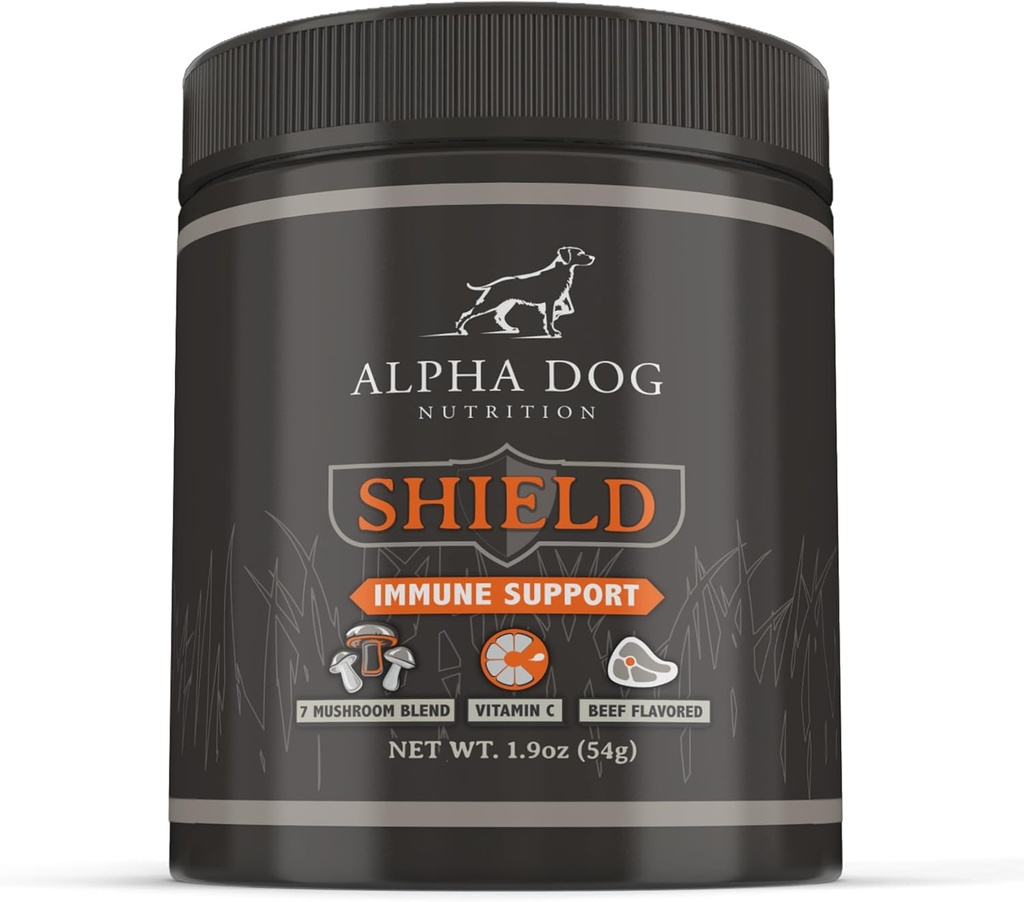 Shield Allergy Immununterstützungsergänzung für Hunde von Alpha Dog Nutrition - 7 Ernährungsphysische Pilz-Pulver Complex + Vitamin C bis zur Erhöhung Immunität - Bis zu 60 Servierungen für kleine Zuchthunde, 54g