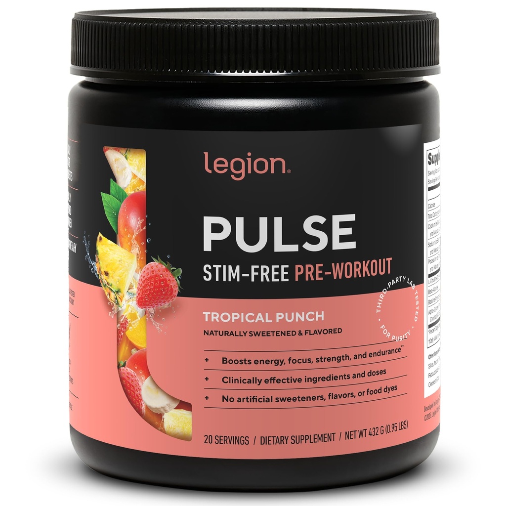 LEGION Pulse Pre Workout Supplement - Alle natürlichen Stickstoffoxyd Preworkout Trinken, um Energie zu steigern, Kreatin frei, natürlich gesüßt, Beta Alanine, Citrulline, Alpha GPC (Koffeinfreier tropischer Punch)