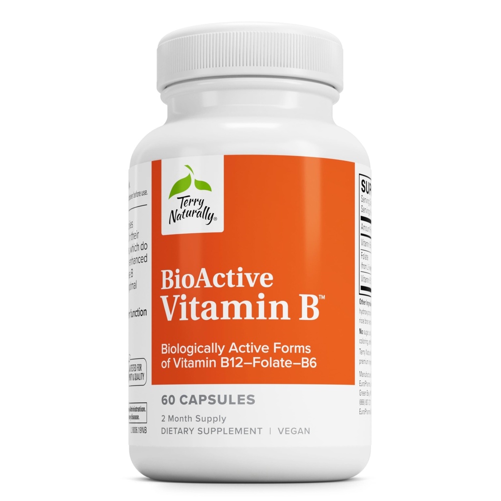 Terry Naturally BioActive Vitamin B - Aid Heart Health mit bioaktiven B Vitaminen - Ergänzung mit Folat & Calcium - B Complex Vitamin Nervous System Function - 60 Kapseln