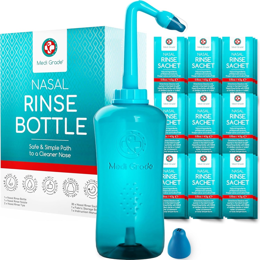 Medi Grade Sinus Rinse Bottle, 500ml mit 30 Sinus Rinse Packets - Komplettes Nasal Bewässerungssystem - Neti Pot Nose Cleaner - Nasal Wash Kit für Zuhause oder Reisen - 2 Nasal Rinse Tipps und Aufbewahrungstasche