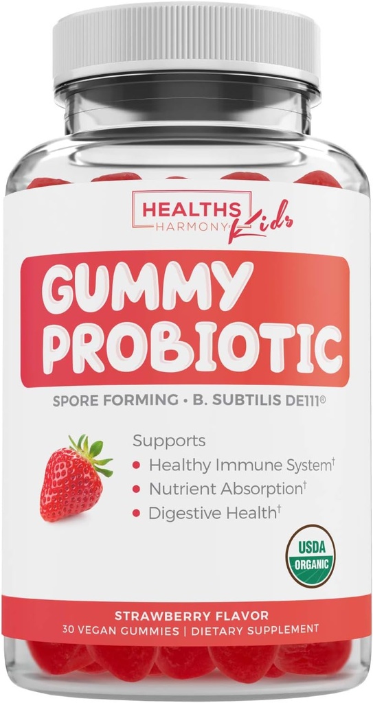 USDA Organic Probiotics for Kids (Non-GMO) Erdbeeren Flavor Kids Probiotic Gummies for Digestion & Immune Support - 2.5 Billion CFU von DE111 Spore Forming Strain for Maximum Survivability - 30 Gummys