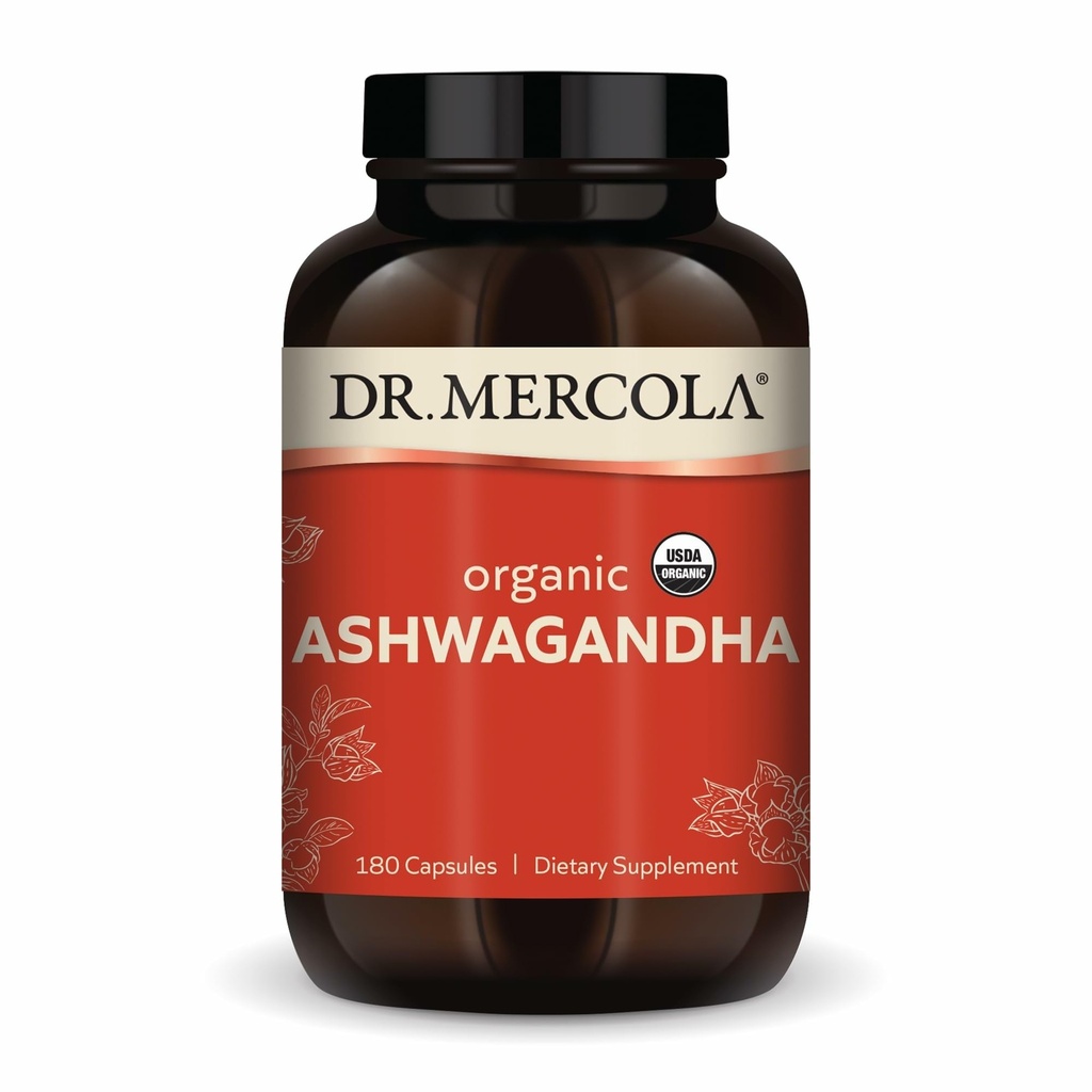 Dr. Mercola Organic Ashwagandha - Unterstützt Energieproduktion & Adrenal Health - 800 mg pro Servierung - Non-GMO, Gluten-Free & Soy-Free - zertifiziert USDA Organic - 180 Kapseln (90 Servierungen)