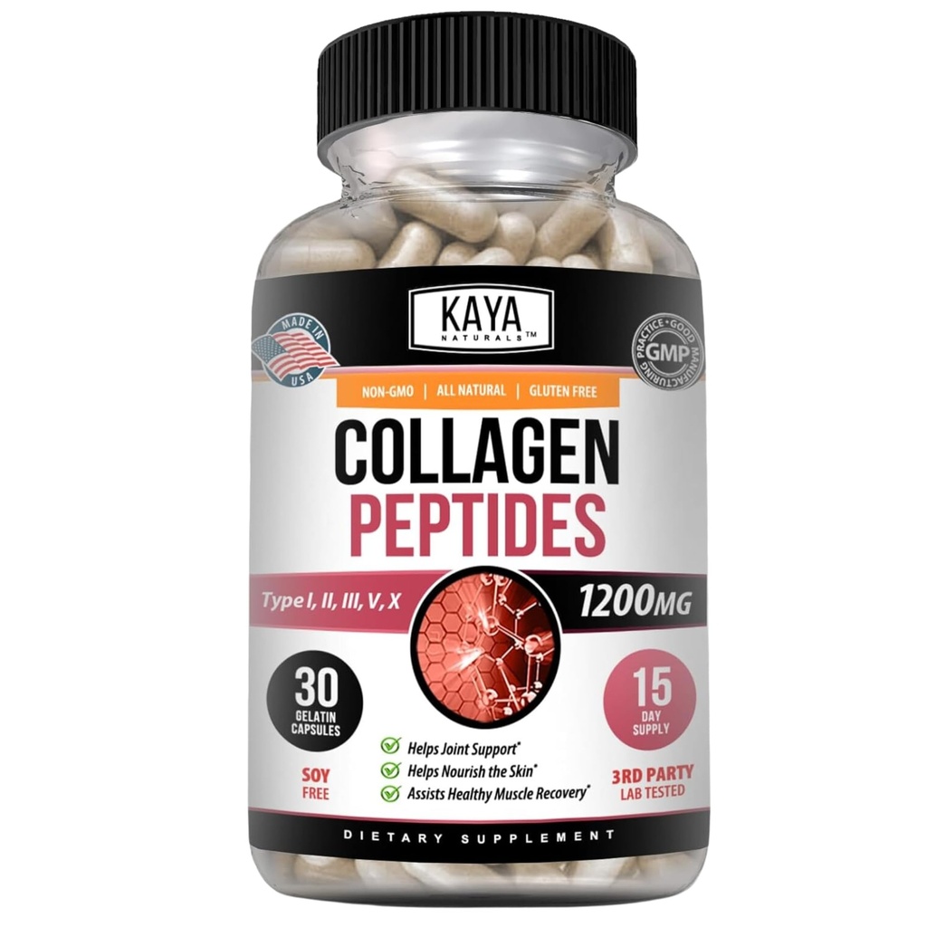 Kaya Naturals Multi Collagen Peptides Complexe Poudre pour les femmes et l'homme, Vital pour les cheveux, la peau, les ongles et l'anti-âge, Types I, II, III, V & X Collagen Protein Blend