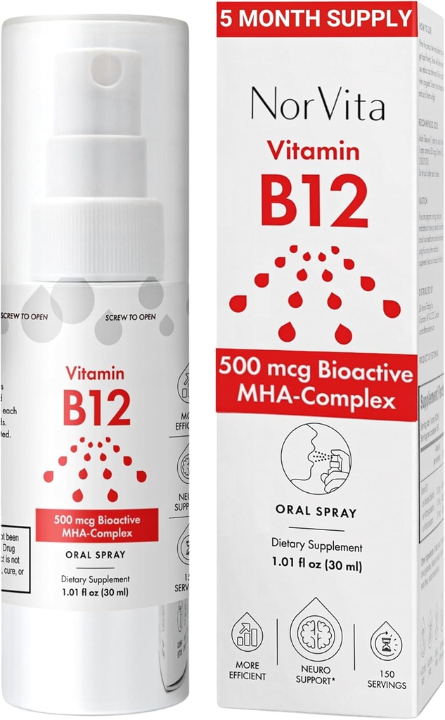 Vitamin B12 Spray 500 mcg (150 Servierungen) - Quick Absorption MHA Complex (Methylcobalamin, Hydroxycobalamin, Adenosylcobalamin) - Vegan, Non-GMO, Liquid B12 Supplement