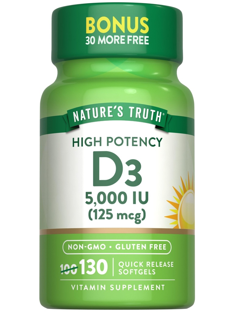 Nature's Truth Vitamin D3 5000 IU Softgels | 130 Count | Hohe Potenz | Non-GMO & Gluten Kostenlose Ergänzung