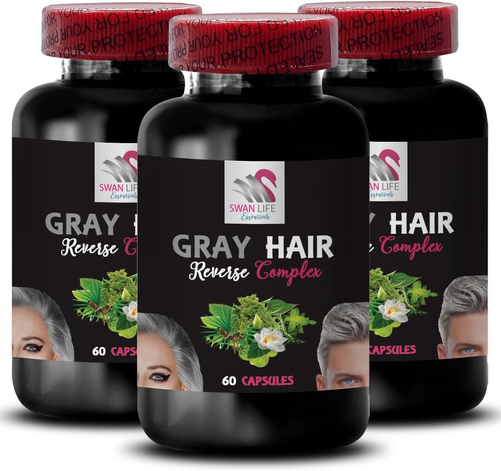 Natürliche Haar-Komplex - Graues Haar Reverse - Frische Vibrancy, Farbe Wiedererwachen, Haarfarbe, Wiederherstellung Vibrancy, Farbe Refresh, Haar Glow, Jugendliche Aussehen, Leuchtendes Haar 3 Flaschen 180 Kapseln