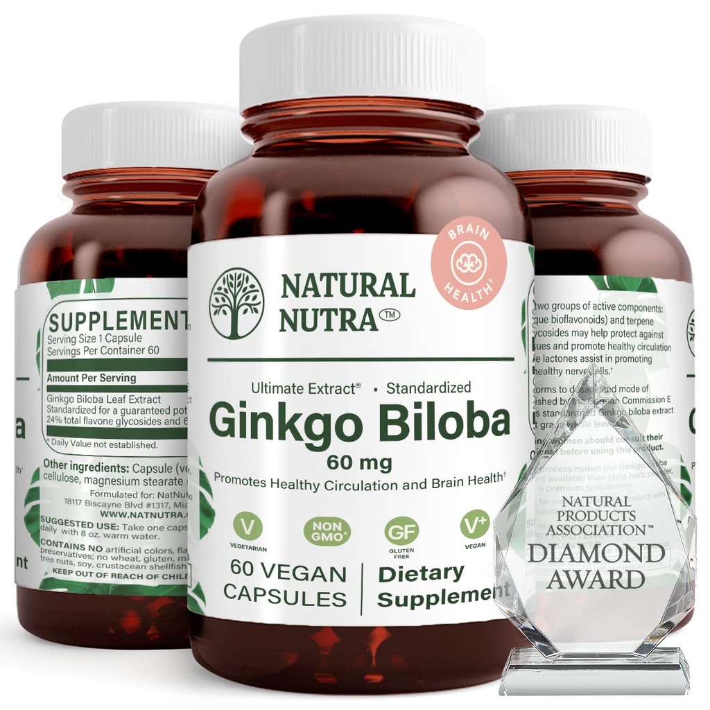 Natürliche Nutra Ginkgo Biloba, verbessert die Zirkulation zum Gehirn und steigert Gedächtnis, erhöht Sauerstofffluss und Stärkung der Gehirnfunktion, Unterstützung Nerve Gesundheit, Vegan und Gluten frei, (60) Kapseln