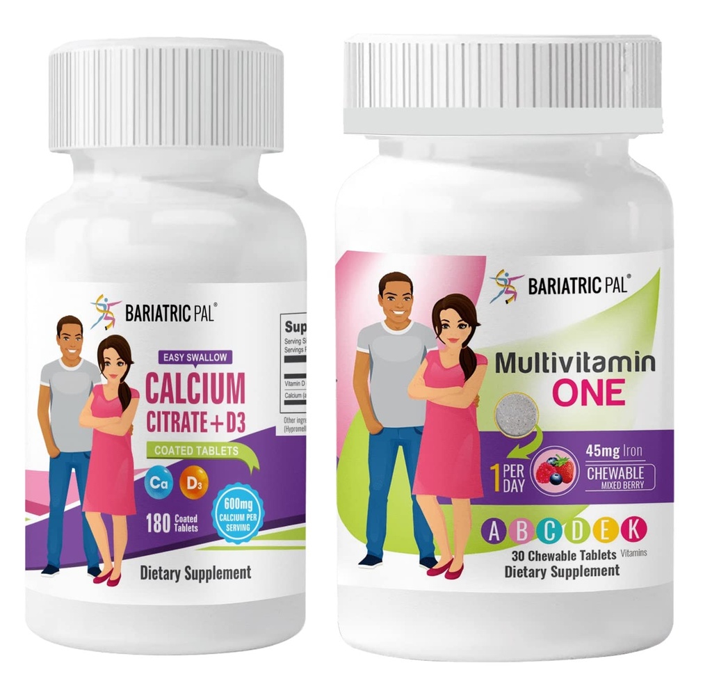 BariatricPal 30 jours Bariatric Vitamine Bundle Multivitamine ONE 1 par jour! A croquer avec 45mg de fer - Citrate de calcium de baies mélangées et d'avale facile (600mg) et comprimés enduits D3