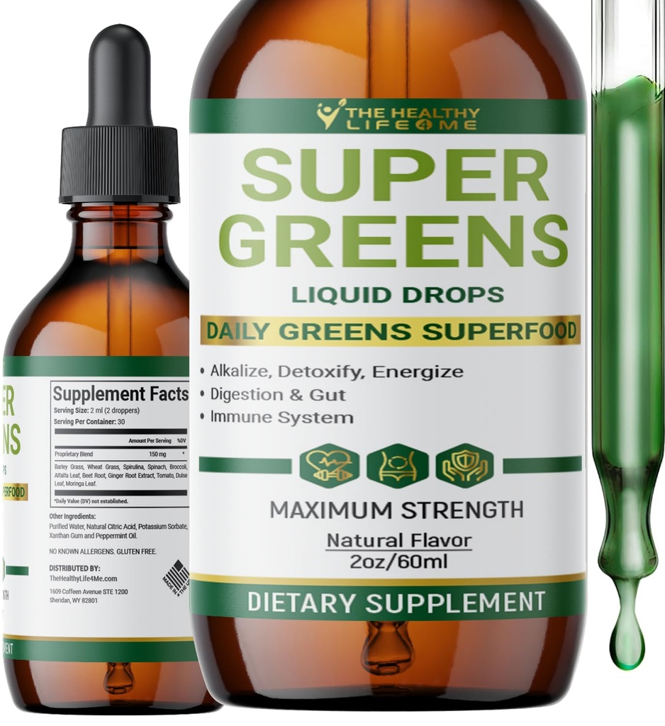 Liquid Super Greens Tropfen | Leistungsstarke Antioxidantien | Immununterstützung | Verdauungsgesundheit | Peppermint Flavor | von The Healthy Life for Me | 2oz - 30 Tage Versorgung