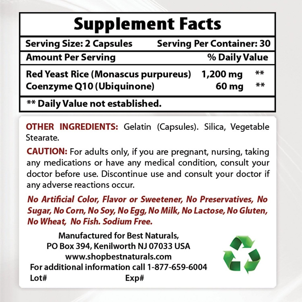 Best Naturals Red Yeast Rice mit COQ10 & Niacin 500 mg