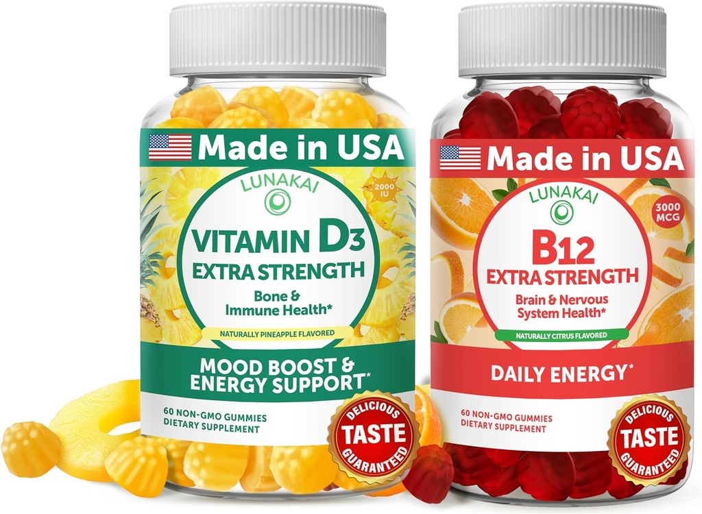 Lunakai Vitamine D3 et Vitamine B12 Gommies Bundle - Immunity, Bone and Mood Support VIT D3 2000IU Supplément - 3000mcg Méthylcobalamine Haute Absorption Énergie Gummy - 30 jours d'approvisionnement