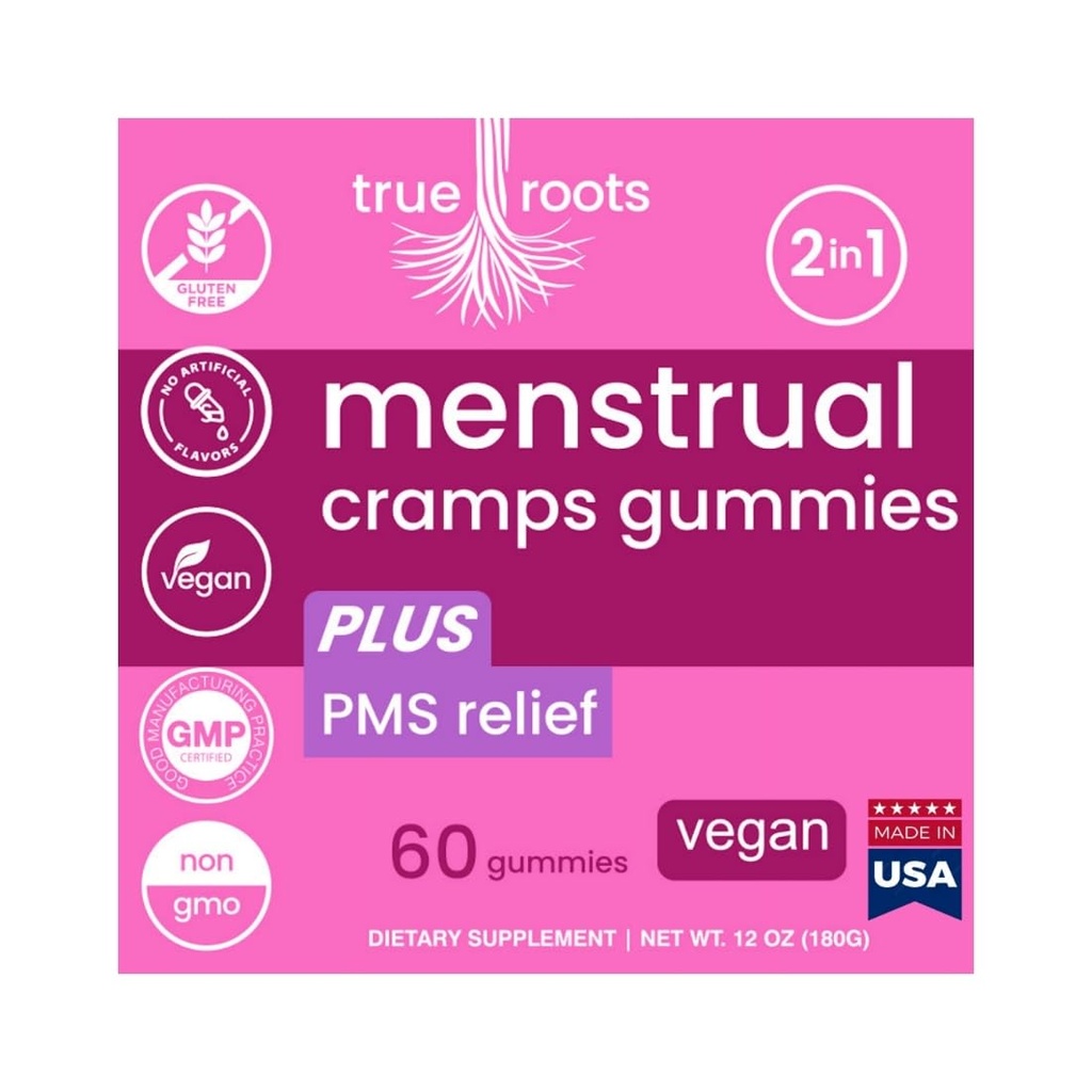 Menstrual Cramp Period Gummies True Roots | PMS Unterstützung Ergänzung für Frauen | Gesunde Flow | Flo PMS Menstruationszyklus Relief, Cramping und Bloating | Vegan & natürliche Aromen | 60 Count