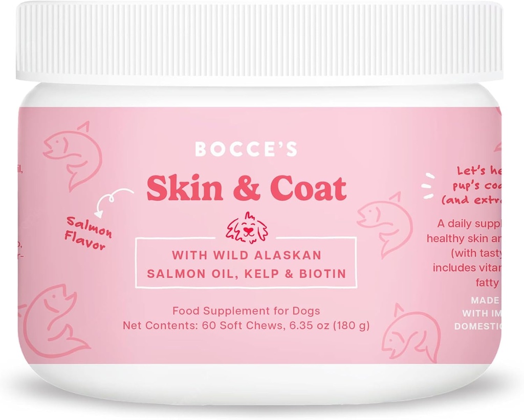 Bocce's Bakery Skin & Coat Supplement for Dogs, Chews Daily Made in The USA with Vitamine E & Essential Fatty Acides, soutient la peau et le manteau sains, saumon, 60 ct, rouge (DG-SP-SKIN60)